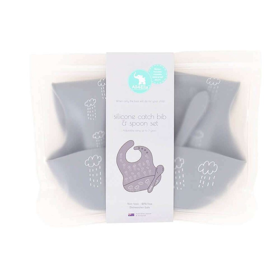 Feeding All4Ella Bibs | All4Ella Silicone Bib With Spoon & Reusable Bag Slate Blue