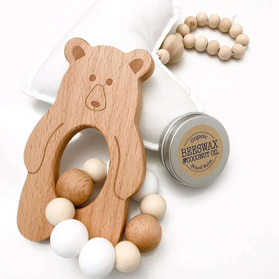 Playtime One Chew Three Teething Toys | One Chew Three Woodland Silicone & Beech Wood Teether Natural White