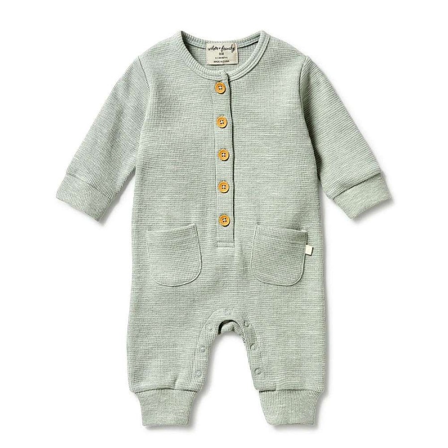 Babywear Wilson & Frenchy Baby Knitwear | Wilson & Frenchy Organic Waffle Pocket Growsuit Sage