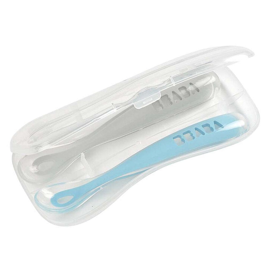 Feeding Beaba Utensils | Beaba 1St Stage Silicone Spoon Travel Twin Set With Case